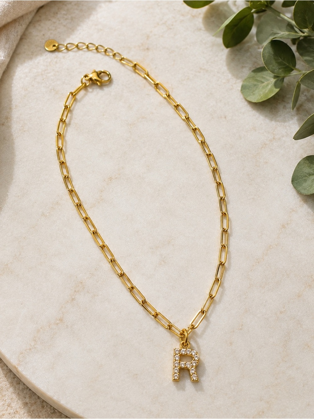 Premier Designs Gold Initial 'R' charm on  16” paperclip chain w 2”